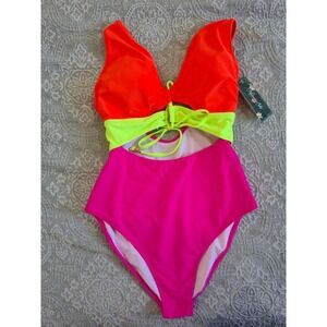 Blooming Jelly Womens Neon Colorblock Cutout One Piece Swimsuit